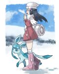  1girl bag beanie black_hair blush boots clouds coat hikari_(pokemon) day duffel_bag eyelashes footprints from_side full_body gen_4_pokemon glaceon grey_eyes hair_ornament hairclip hands_up hat kokesa_kerokero long_hair long_sleeves open_mouth outdoors over-kneehighs pink_footwear pokemon pokemon_(creature) pokemon_(game) pokemon_dppt pokemon_platinum scarf sky smile snow thigh-highs white_bag white_headwear white_legwear white_scarf 