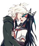  1boy 1girl aoki_shizumi bangs black_hair black_nails blush closed_eyes collarbone commentary_request dangan_ronpa_(series) dangan_ronpa_2:_goodbye_despair fingerless_gloves foaming_at_the_mouth from_side gloves green_jacket hair_horns hetero hug jacket komaeda_nagito long_hair messy_hair mioda_ibuki multicolored_hair nail_polish no_pupils piercing pink_eyes pink_hair sailor_collar school_uniform serafuku shiny shiny_hair shirt short_hair smile striped striped_gloves upper_body white_hair white_shirt 