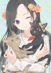  1girl bangs black_hair blue_eyes cat closed_mouth earrings eyebrows flower hair_flower hair_ornament highres jewelry long_hair long_sleeves looking_at_viewer one_eye_closed original sansaro_rii smile swept_bangs 