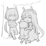  3girls ear_ornament gold_ship_(umamusume) greyscale headgear kin&#039;iro_ryotei_(umamusume) long_hair low_ponytail lowres monochrome mother_and_daughter multiple_girls original personification pillbox_hat point_flag_(racehorse) shuanghu-miku sketch tail tail_through_clothes tree umamusume younger 