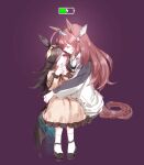  2girls animal_ears battery_indicator bow brown_dress brown_hair character_request closed_eyes commentary dress frilled_dress frills hair_bow hair_over_one_eye hands_together horse_ears horse_girl horse_tail hug jacket long_hair mihono_bourbon_(umamusume) multiple_girls pink_hair purple_background rice_shower_(umamusume) romi_(346_ura) simple_background sitting sitting_on_lap sitting_on_person sketch sweatdrop tail umamusume violet_eyes white_jacket white_legwear yellow_bow yuri 