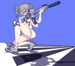  1girl aiming ar-15 assault_rifle bangs blue_background bronya_zaychik drill_hair full_body gao_guangyue grey_eyes grey_hair gun hair_between_eyes highres holding holding_gun holding_weapon honkai_(series) honkai_impact_3rd knee_pads kneeling leg_lift looking_ahead raiden_mei rifle shadow shirt short_sleeves solo suppressor twin_drills weapon white_footwear white_shirt 