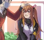  1boy 1girl 3_small_spiders bangs black_jacket black_scarf blush brown_hair commander eyebrows_visible_through_hair girls_frontline hair_between_eyes hair_ribbon headpat highres jacket long_hair long_sleeves mask military military_uniform mouth_mask musical_note open_clothes open_jacket open_mouth ribbon scarf shirt solo_focus surgical_mask twintails ump9_(girls_frontline) uniform white_shirt 