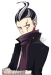  1boy aoki_shizumi bandaged_arm bandages bangs black_hair black_jacket commentary_request dangan_ronpa_(series) dangan_ronpa_2:_goodbye_despair grey_background grey_hair heterochromia jacket looking_at_viewer male_focus multicolored_hair purple_scarf red_eyes scar scarf short_hair simple_background solo sweatdrop tanaka_gandamu two-tone_hair upper_body white_background white_hair 