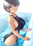  1girl ass bangs bare_shoulders black_swimsuit blue_eyes blush breasts closed_mouth collarbone competition_swimsuit eyebrows_visible_through_hair fang from_side grey_hair hair_between_eyes highres large_breasts looking_at_viewer one-piece_swimsuit pool poolside short_hair smile solo standing swimsuit uzaki-chan_wa_asobitai! uzaki_hana wa_(genryusui) wading water wet 