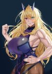  1girl blonde_hair blush breasts clenched_hand fate/grand_order fate_(series) gawain_(fairy_knight)_(fate) green_eyes hand_on_hip heterochromia huge_breasts long_hair muscular muscular_female pantyhose red_eyes sideboob smile yuhica 