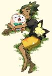  1boy barefoot black_shirt closed_eyes closed_mouth dark-skinned_male dark_skin floral_print gen_2_pokemon gen_7_pokemon grass green_hair hau_(pokemon) holding holding_pokemon hug kokesa_kerokero legs_together lying male_focus on_side orange_shorts pichu pokemon pokemon_(creature) pokemon_(game) pokemon_sm rowlet shirt short_hair short_ponytail short_sleeves shorts sleeping smile starter_pokemon toes 