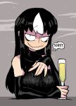  1girl absurdres alcohol black_dress black_gloves black_hair champagne dress drink elbow_gloves glasgow_smile gloves highres long_hair looking_at_viewer noss_(rariatto) original rariatto_(ganguri) rejection shaded_face smile speech_bubble upper_body vampire wavy_mouth white_hair 