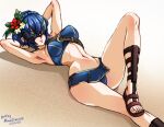  1girl bikini blue_hair breasts cape fingerless_gloves fire_emblem fire_emblem_awakening fire_emblem_heroes flower gloves looking_at_viewer lucina_(fire_emblem) marth_(fire_emblem_awakening) mask mina_cream navel short_hair smile solo swimsuit tiara 