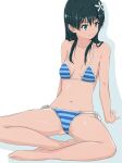  1girl absurdres barefoot bikini black_hair blue_bikini breasts commentary_request flower green_eyes hair_flower hair_ornament highres long_hair looking_to_the_side musaki_(msaki666) saten_ruiko side-tie_bikini sitting small_breasts solo striped striped_bikini swimsuit toaru_kagaku_no_railgun toaru_majutsu_no_index white_background 