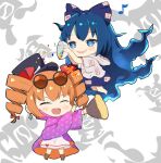  +++ 2girls blue_eyes blue_hair blush bright_pupils chibi closed_eyes coat confetti crys_(dai) dress drill_hair eyewear_on_head hat highres long_hair multiple_girls open_mouth orange_hair purple_coat siblings simple_background sisters smile top_hat touhou twin_drills twintails very_long_hair white_dress yorigami_jo&#039;on yorigami_shion 