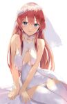  1girl absurdres bare_shoulders blue_eyes blush breasts bridal_veil commentary_request covered_navel dress earrings highres jewelry long_hair looking_at_viewer medium_breasts open_mouth original redhead sitting sleeveless smile solo thigh-highs tomura2maru veil white_dress white_legwear 
