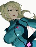  1girl bangs blonde_hair blue_bodysuit blue_eyes bodysuit breasts high_ponytail highres large_breasts long_hair metroid mole mole_under_mouth open_mouth ponytail samus_aran simple_background solo souitiroukirari upper_body white_background 