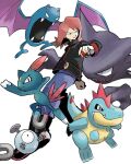  1boy bangs black_footwear black_jacket boots closed_mouth croconaw frown gen_1_pokemon gen_2_pokemon golbat grey_pants haunter holding holding_poke_ball jacket kokesa_kerokero long_sleeves looking_back magnemite male_focus medium_hair orange_hair pants poke_ball poke_ball_(basic) pokemon pokemon_(creature) pokemon_(game) pokemon_gsc silver_(pokemon) sneasel white_background 