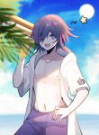  1boy :d absurdres bangs blue_sky blurry collarbone commentary_request cowboy_shot dangan_ronpa_(series) dangan_ronpa_s:_ultimate_summer_camp dangan_ronpa_v3:_killing_harmony day hair_between_eyes highres holding holding_water_gun jacket looking_at_viewer male_focus navel nipples ocean one_eye_closed open_clothes open_jacket open_mouth open_shirt ouma_kokichi outdoors palm_leaf pants pink_male_swimwear purple_pants qiao_xing see-through shirt sky smile solo sun upper_teeth violet_eyes water_gun white_jacket 