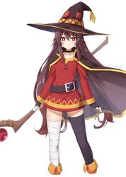  1girl bandages belt blush brown_hair cape cosplay dress fingerless_gloves full_body genshin_impact gloves hat highres holding holding_staff hu_tao_(genshin_impact) kono_subarashii_sekai_ni_shukufuku_wo! long_sleeves looking_at_viewer megumin megumin_(cosplay) parted_lips red_dress red_eyes simple_background solo staff suke_(momijigari) symbol-shaped_pupils thigh-highs twintails white_background witch_hat 