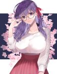  1girl adjusting_eyewear bangs breasts cherry_blossoms collarbone fate/stay_night fate_(series) floral_background flower glasses hair_ribbon hand_up highres huge_breasts large_breasts long_hair long_neck long_sleeves looking_at_viewer matou_sakura parted_lips pink_skirt purple_hair red_ribbon red_skirt ribbon semi-rimless_eyewear shimatori_(sanyyyy) skirt solo sweater sweater_tucked_in symbol_commentary teeth violet_eyes white_sweater 
