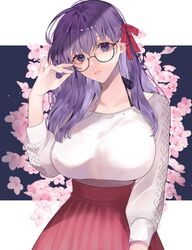  1girl adjusting_eyewear bangs breasts cherry_blossoms collarbone fate/stay_night fate_(series) floral_background flower glasses hair_ribbon hand_up highres huge_breasts large_breasts long_hair long_neck long_sleeves looking_at_viewer matou_sakura parted_lips pink_skirt purple_hair red_ribbon red_skirt ribbon semi-rimless_eyewear shimatori_(sanyyyy) skirt solo sweater sweater_tucked_in symbol_commentary teeth violet_eyes white_sweater 