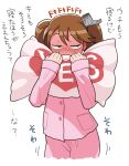  1girl blush brown_eyes brown_hair covered_mouth cowboy_shot dot_nose full-face_blush half-closed_eyes kantai_collection long_sleeves noumiso pajamas pants pink_pajamas pink_pants pink_shirt ryuujou_(kancolle) sanpaku shirt solo standing translation_request twintails white_background yes-no_pillow 