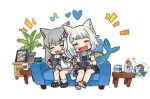  2girls :d ^_^ animal_ear_fluff animal_ears bangs black_footwear bloop_(gawr_gura) blue_dress blue_hair brown_footwear cat_ears cat_girl cat_tail closed_eyes commentary couch cup dress eighth_note english_commentary eyebrows_visible_through_hair fish_tail flying_sweatdrops gawr_gura grey_hair heart holding hololive hololive_english itsuki_tasuku long_sleeves mori_calliope mug multicolored_hair multiple_girls musical_note nacho_(amashiro_natsuki) ninomae_ina&#039;nis nintendo_switch notice_lines on_couch open_mouth original photo_(object) picture_frame sandals shark_tail sharp_teeth shirt shrimp simple_background sitting sleeveless sleeveless_dress sleeves_past_wrists slippers smile socks streaked_hair table tail takanashi_kiara teeth v-shaped_eyebrows watson_amelia white_background white_legwear white_shirt wide_sleeves 