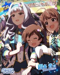  blush character_name dress grey_hair idolmaster_million_live!_theater_days kinoshita_hinata long_hair red_eyes shijou_takane smile yokoyama_nao 