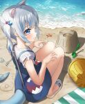  1girl animal_ears bangs beach blue_eyes blue_hair blush cat_ears fish_tail gawr_gura highres hololive hololive_english looking_at_viewer multicolored_hair sand_castle sand_sculpture shark_tail sharp_teeth side_ponytail silver_hair solo streaked_hair tail teeth virtual_youtuber 