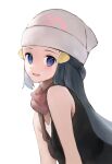  1girl bare_arms beanie black_hair blue_eyes blush commentary_request hikari_(pokemon) eyelashes from_side grey_headwear hair_ornament hairclip hat jyu_gorilla leaning_forward long_hair looking_at_viewer looking_to_the_side open_mouth pokemon pokemon_(game) pokemon_dppt scarf simple_background sleeveless smile solo tongue upper_body white_background 
