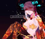  1girl artist_name bare_shoulders breasts demon_girl demon_horns earrings fate/grand_order fate_(series) flower glowing glowing_eyes goldenluckex hair_ribbon horns jewelry kama_(fate) long_hair looking_at_viewer lotus red_eyes revealing_clothes ribbon 
