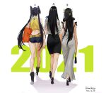  2021 3girls absurdres ass bag black_hair dress from_behind full_body g-string high_heels highres holding_hands jugen_shaonu_gongcha long_hair multiple_girls original polka_dot purple_hair see-through short_shorts shorts skirt thong twintails waking 