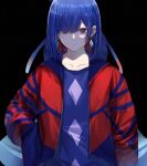  1girl blue_hair collarbone colored_inner_hair earrings expressionless eyebrows_visible_through_hair hand_in_pocket highres isshiki_(ffmania7) jacket jewelry kamitsubaki_studio looking_at_viewer multicolored multicolored_eyes multicolored_hair open_clothes open_jacket red_jacket redhead rim_(kamitsubaki_studio) short_hair solo two-tone_hair upper_body virtual_youtuber yellow_pupils 
