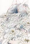  1girl black_shirt closed_eyes covering_mouth dated flower grey_hair highres long_hair lying on_back original petals shirt short_sleeves signature simple_background solo toaruocha white_background white_flower 