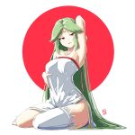 1girl arm_up armpits automatic_giraffe bangs bare_shoulders breasts commentary dress english_commentary forehead_jewel green_hair jewelry kid_icarus kid_icarus_uprising long_hair looking_at_viewer medium_breasts palutena parted_bangs parted_lips red_eyes seductive_smile seiza signature simple_background single_thighhigh sitting smile solo strapless strapless_dress thigh-highs very_long_hair white_dress 