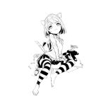  1girl animal_ears barefoot character_request closed_mouth ejami feet greyscale looking_at_viewer monochrome paper short_hair simple_background skirt solo striped striped_legwear stuffed_animal stuffed_toy white_background 