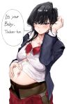    1girl bangs black_hair blush breasts brown_legwear buttons english_text eyelashes grey_eyes hair_between_eyes hand_on_own_stomach hand_up highres jacket komi-san_wa_komyushou_desu komi_shouko long_hair long_sleeves mamimi_(mamamimi) md5_mismatch navel panties pantyhose parted_lips pregnant school_uniform shirt solo speech_bubble underwear white_shirt 