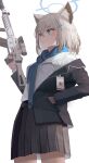  1girl animal_ears arm_up assault_rifle bangs blue_archive blue_eyes blue_scarf breasts cat_ears collar eyebrows_visible_through_hair eyes_visible_through_hair grey_collar grey_jacket grey_skirt grey_sleeves gun hair_between_eyes hand_in_pocket hand_up highres jacket long_sleeves medium_breasts open_mouth rifle scarf shiroko_(blue_archive) shirt short_hair sig_sauer_556 silver_hair simple_background skirt solo standing ttoowa weapon white_background white_shirt 