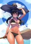  1girl arm_up bangs bikini bikini_tan black_hair black_headwear blue_sky bottle breasts broom brown_eyes clouds cloudy_sky commentary_request cowboy_shot day hat holding holding_bottle holding_broom kiryuu_takahisa large_breasts long_hair looking_at_viewer low_twintails navel original outdoors parted_lips ribbon side-tie_bikini skindentation sky solo standing string_bikini swimsuit tan tanline twintails water_bottle white_ribbon witch witch_hat wrist_ribbon 