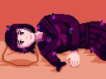  1girl amputee anna_graem bed commission commissioner_upload distortion glitch looking_at_viewer lying on_side pillow pixel_art purple_hair retrocandyart short_hair simple_background smile solo va-11_hall-a violet_eyes 