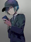  1boy bangs black_hair black_headwear black_jacket brown_eyes cellphone commentary_request dangan_ronpa_(series) dangan_ronpa_v3:_killing_harmony gradient gradient_background grey_background hat highres holding holding_phone huyuharu0214 jacket long_sleeves looking_at_phone male_focus necktie official_alternate_costume phone saihara_shuuichi shirt signature simple_background smartphone solo striped striped_neckwear upper_body white_shirt 