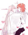  2girls black_legwear black_skirt blush breasts cape fate/grand_order fate_(series) fujimaru_ritsuka_(female) gloves hair_ornament hair_scrunchie heart licking_lips long_hair medb_(fate) medb_(fate)_(all) mikkat multiple_girls one_side_up orange_eyes orange_hair pantyhose pink_hair scrunchie side_ponytail skirt tiara tongue tongue_out white_gloves yellow_eyes yuri 