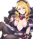  1girl blonde_hair breasts christina_(princess_connect!) eyebrows_visible_through_hair hair_between_eyes hair_ornament highres large_breasts looking_at_viewer princess_connect! sagging_breasts shimon_(31426784) smile white_background yellow_eyes 