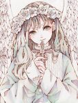  1girl bangs blush cross dated earrings feathered_wings flower grey_eyes hair_flower hair_ornament highres holding holding_cross jewelry long_hair looking_at_viewer original signature sleeves_past_wrists smile solo toaruocha white_flower white_wings wings 