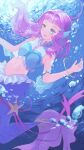  1girl :d air_bubble aqua_blouse bangs bare_shoulders blue_eyes blunt_bangs blush bracelet breasts bubble commentary fins floating_hair frilled_blouse hair_intakes hair_ornament head_fins highres jewelry laura_(precure) long_hair medium_breasts mermaid midriff monster_girl multicolored_blouse navel necklace open_mouth pearl_hair_ornament pink_hair precure sidelocks smile solo split_tail tropical-rouge!_precure underwater yamabuki_(laysis_yama) 