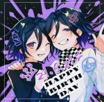  2boys ahoge bangs black_background blue_hair blush checkered checkered_neckwear checkered_scarf commentary_request dangan_ronpa_(series) dangan_ronpa_v3:_killing_harmony dated dual_persona face-to-face grin hand_up hands_up happy_birthday hara_pan-kun jacket looking_at_viewer male_focus medium_hair multiple_boys official_alternate_costume one_eye_closed open_mouth ouma_kokichi purple_background scarf shiny shiny_hair smile upper_body violet_eyes white_jacket 