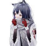  0_(znanimo) 1girl animal_ears arknights black_hair black_sleeves coat ear_piercing fur-trimmed_sleeves fur_trim gloves hands_up highres long_hair looking_to_the_side piercing red_gloves scarf scarf_over_mouth simple_background solo texas_(arknights) texas_(winter_messenger)_(arknights) upper_body white_background white_coat white_scarf winter_clothes winter_coat wolf_ears yellow_eyes 