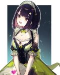  1girl after_suko bangs black_eyes black_hair bow bowtie breasts detached_collar dress green_neckwear hair_ornament headdress heart heart_hair_ornament nijisanji open_mouth seto_miyako short_hair simple_background solo virtual_youtuber 