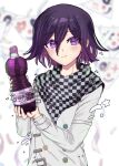  1boy bangs blurry blurry_background bottle buttons checkered checkered_scarf closed_mouth dangan_ronpa_(series) dangan_ronpa_v3:_killing_harmony depth_of_field double-breasted grape_soda grey_jacket hair_between_eyes hands_up highres holding holding_bottle jacket long_sleeves looking_at_viewer male_focus ouma_kokichi scarf smile snow_finale soda soda_bottle solo upper_body violet_eyes 