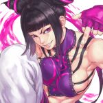  1girl abs arm_up armpits baggy_pants bangs blunt_bangs breasts chinese_clothes covered_nipples drill_hair dudou ears energy fingerless_gloves fingernails gloves grin hair_ornament halter_top halterneck han_juri knee_up large_breasts leg_up lips looking_at_viewer middle_finger muscular muscular_female o-ring o-ring_top pants parted_lips pink_gloves purple_pupils shiny shiny_hair short_hair shu-mai sideboob sidelocks simple_background smile solo street_fighter street_fighter_iv_(series) teeth texture tsurime twin_drills unaligned_breasts violet_eyes white_background 