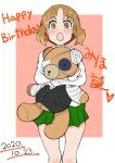  1girl :o bandages bangs blouse blush boko_(girls_und_panzer) brown_eyes brown_hair character_name commentary cosplay dated english_text eyebrows_visible_through_hair eyepatch girls_und_panzer girls_und_panzer_senshadou_daisakusen! green_skirt happy_birthday heart holding holding_stuffed_toy long_sleeves looking_at_viewer medical_eyepatch miniskirt monji_(crazy_flogman_1) nishizumi_miho nishizumi_shiho nishizumi_shiho_(cosplay) ooarai_school_uniform open_mouth outside_border pink_background pleated_skirt school_uniform serafuku short_hair skirt solo standing stuffed_animal stuffed_toy surprised teddy_bear translated white_blouse 