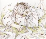  1girl bangs bare_legs barefoot closed_eyes dated flower grass grey_hair hair_flower hair_ornament highres leaf long_hair long_sleeves lying on_stomach original plant signature solo sweater toaruocha white_flower white_sweater 