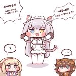  ... 3girls :3 ? animal_ear_fluff animal_ears bangs blue_eyes blush_stickers bulga cat_ears cat_girl cat_tail chibi cs_perrault eyebrows_visible_through_hair fang full_body gloves heterochromia khan_the_swift korean_text last_origin leona_of_blood_&amp;_iron maid_headdress multiple_girls outstretched_arms paw_gloves paws raccoon_costume simple_background spoken_ellipsis spoken_question_mark tail white_background yellow_eyes 